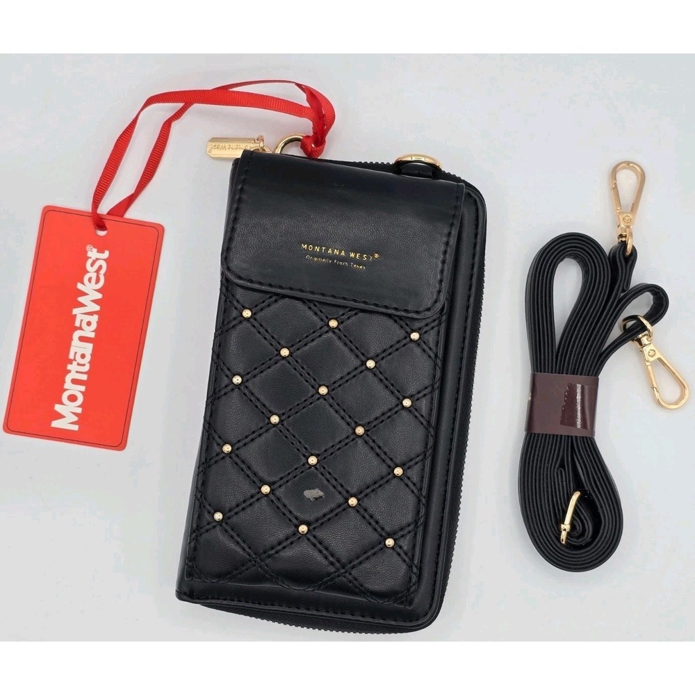 Montana West Black Studded Crossbody‎ Cell Phone Bag RFID Blocking